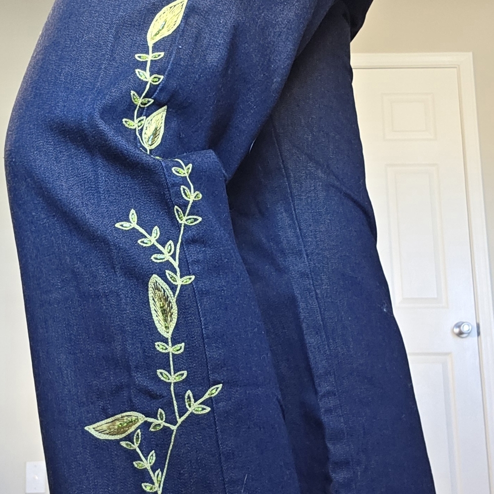 DKNY Black Embroidered Pants | Size 12 | Cotton | Floral Detail